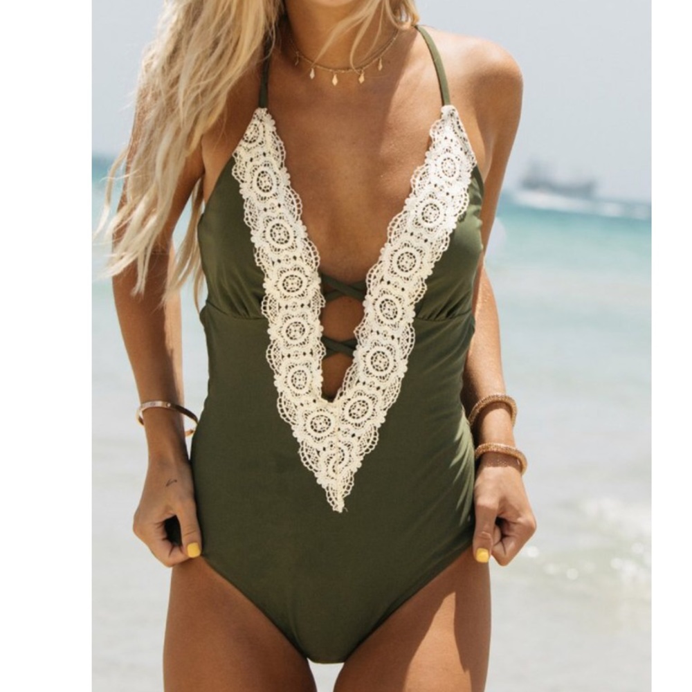 NWT CUPSHE LACE SPLICING OLIVE GREEN SUIT MEDIUM - Picture 5 of 5